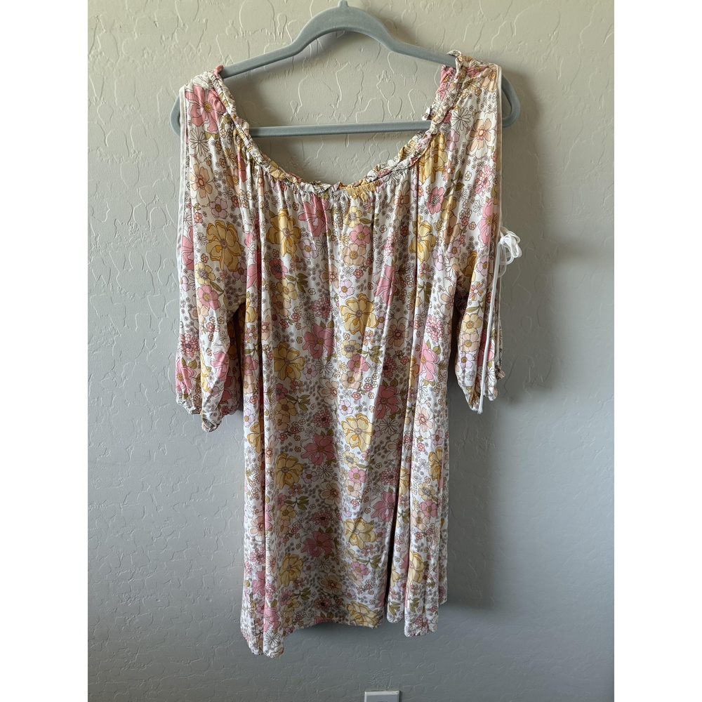 naïf Dress Womens L Cold Shoulder Pink Floral Elbow‎ Sleeve Boho Summer Romantic